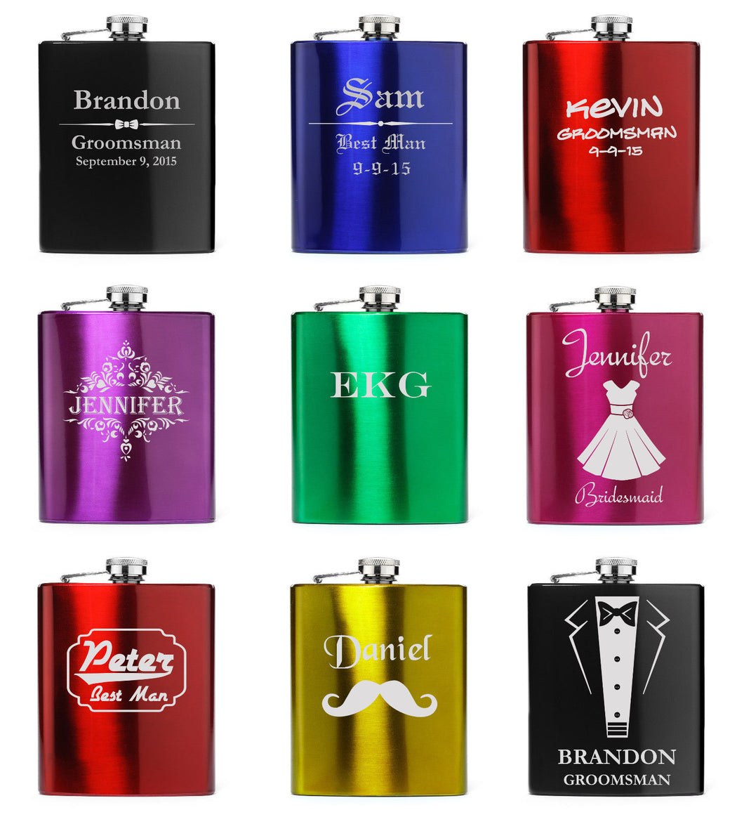 MIP Engraved 7oz Stainless Steel FLASK black green blue red purple pink PERSONALIZED