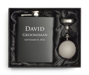 MIP Engraved Stainless Steel HIP FLASK MATTE BLACK Funnel Pocket Watch PERSONALIZED