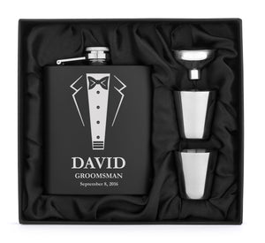 MIP Engraved Stainless FLASK MATTE BLACK Funnel Shots PERSONALIZED Wedding Tuxedo