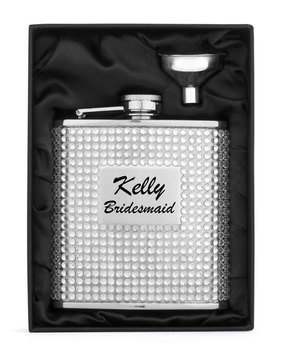 MIP Engraved Silver CRYSTAL BLING Stainless Steel Hip Flask & Funnel Personalized