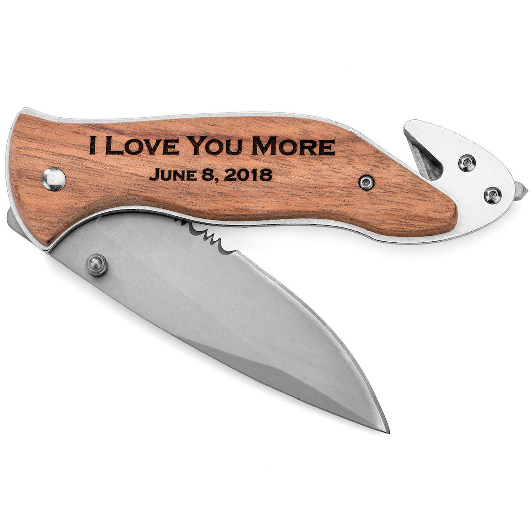 MIP Engraved Half Serrated Stainless Steel Pocket Rescue Knife Wood PERSONALIZED