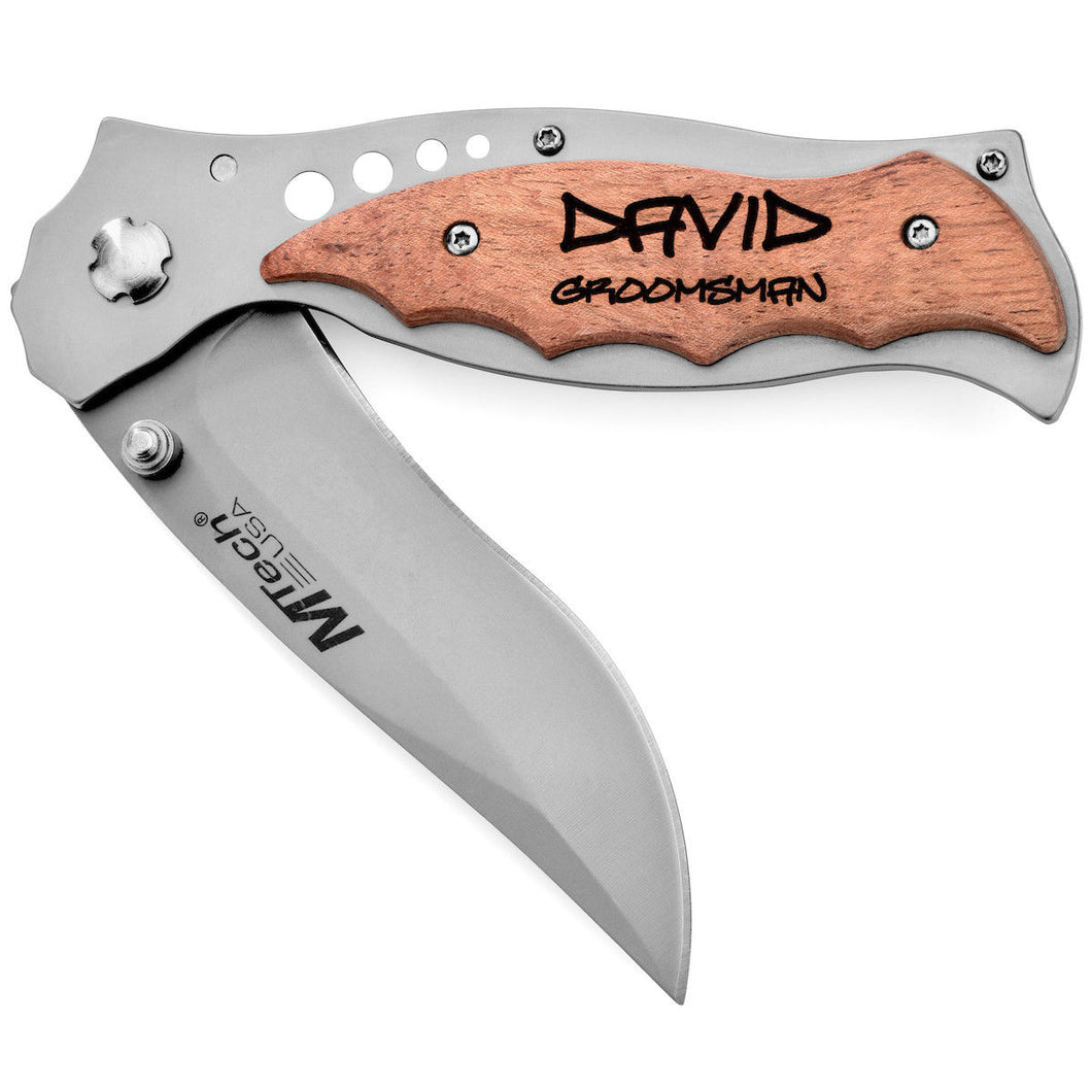 MIP Engraved Matte Finish Stainless Steel Pocket Folding Knife Wood PERSONALIZED