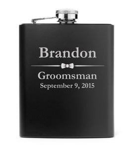 MIP Engraved 7oz Matte Black Stainless Steel Hip Flask PERSONALIZED Wedding Bow Tie