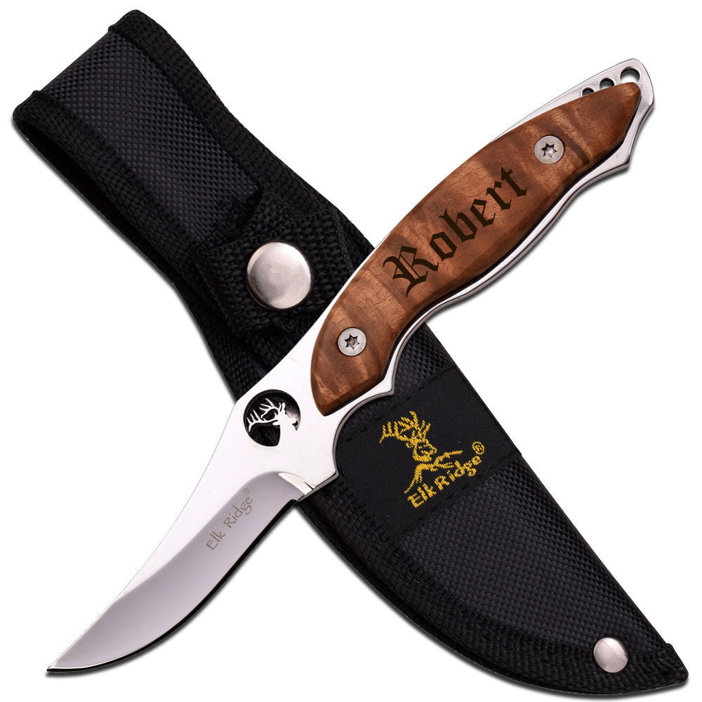 MIP Engraved Personalized Fixed Blade Burl Wood Handle Knife with Sheath Groomsmen