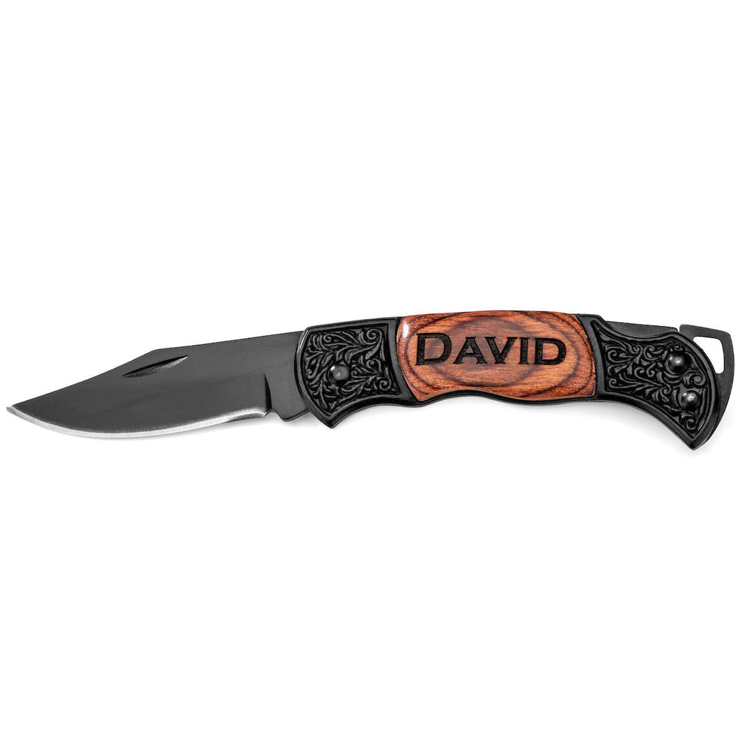 MIP Engraved Rosewood Pocket Folding Knife black blade keyring LARGE Personalized