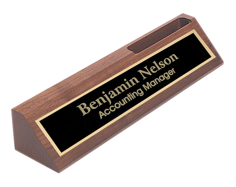 MIP Personalized Walnut NAME PLATE BAR w/ Business Card Holder office desk