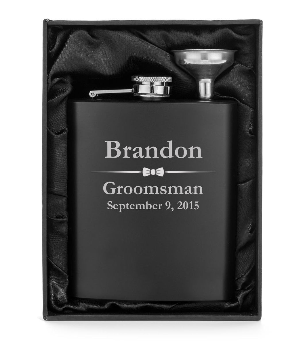 MIP Engraved 7oz Flask Matte Black Funnel Gift Box PERSONALIZED Wedding Bow Tie