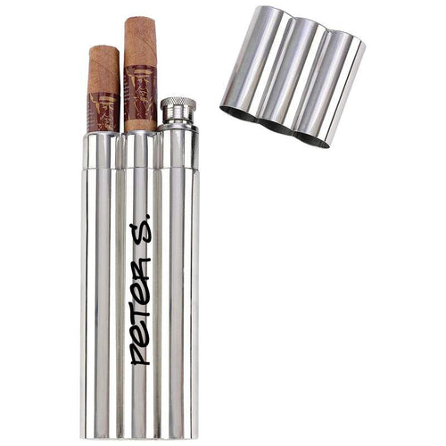 MIP PERSONALIZED STAINLESS STEEL LIQUOR FLASK CASE HOLDER WITH TWO CIGAR TUBES