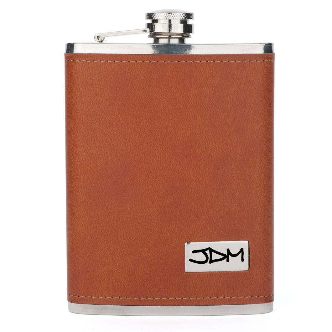MIP Engraved 8oz Brown Leather Wrapped Stainless Steel HIP FLASK PERSONALIZED